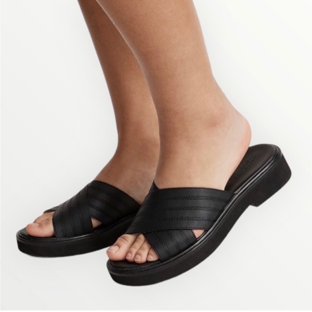 Madewell Alina BLACK Leather PLATFORM SLIDE 7.5 SANDALS NK043 NWOB